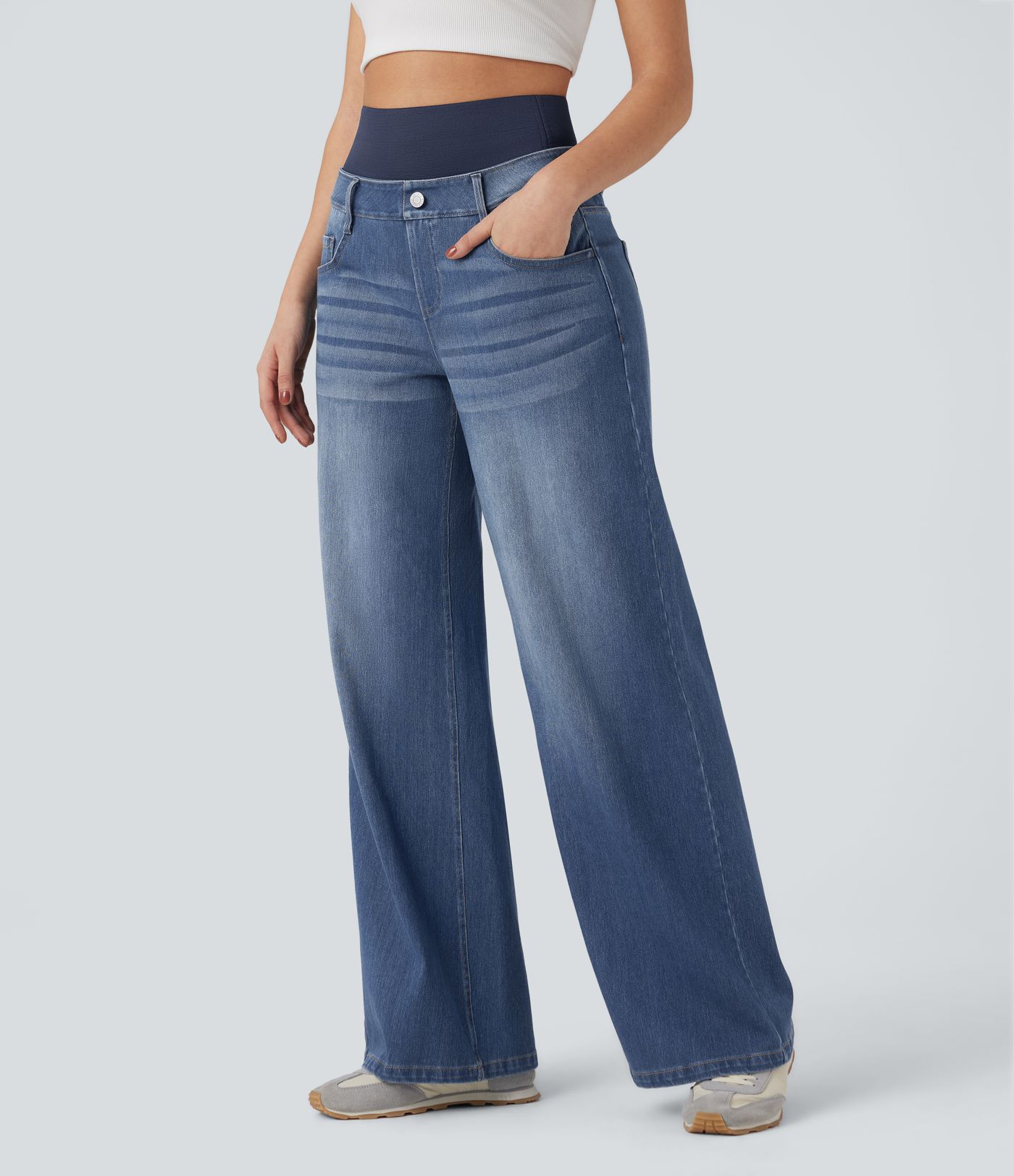 Halara Flex™ High Waisted Tummy Control Wide Leg Washed Casual Jeans with Pockets