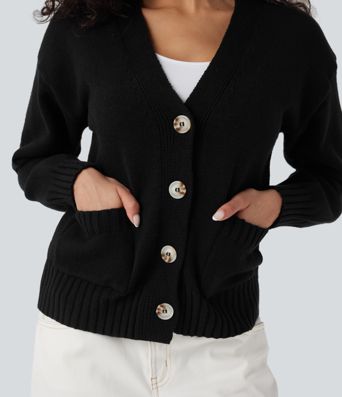 V-neck Long Sleeve Work Cardigan with Pockets
