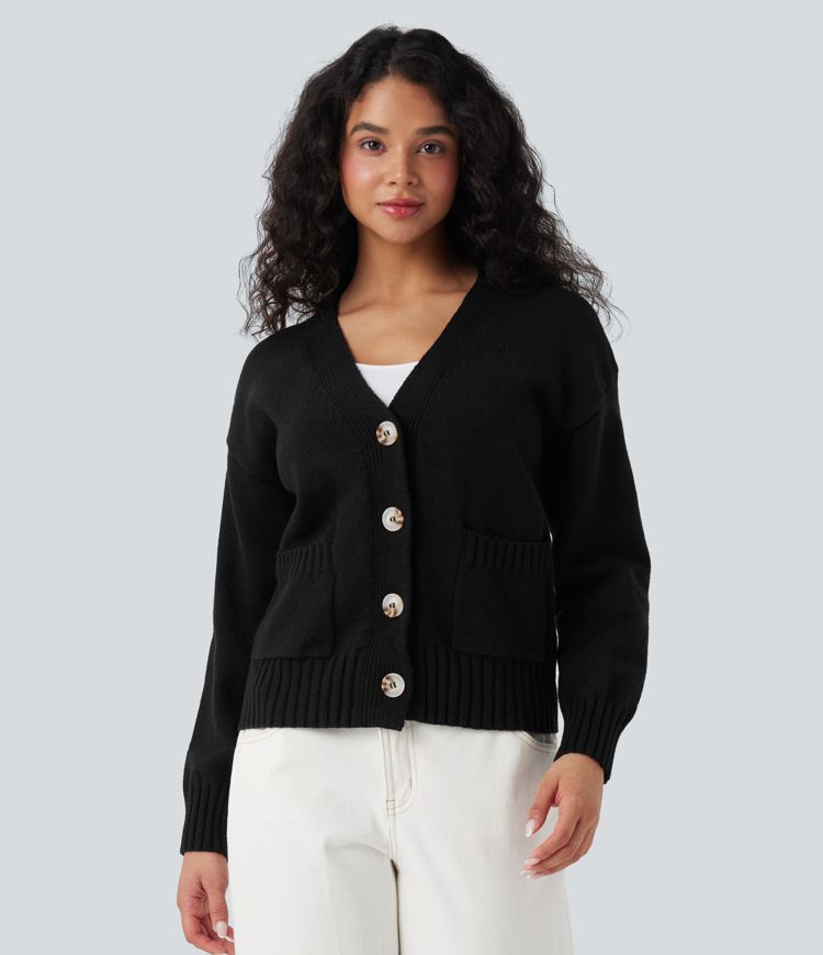 V-neck Long Sleeve Work Cardigan with Pockets