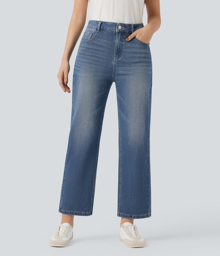 Halara Flex™ High Waisted Straight Leg Washed Casual Jeans with Pockets