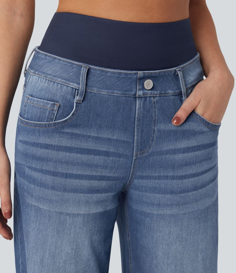 Jean large délavé Halara Flex™ taille haute gainant avec poches