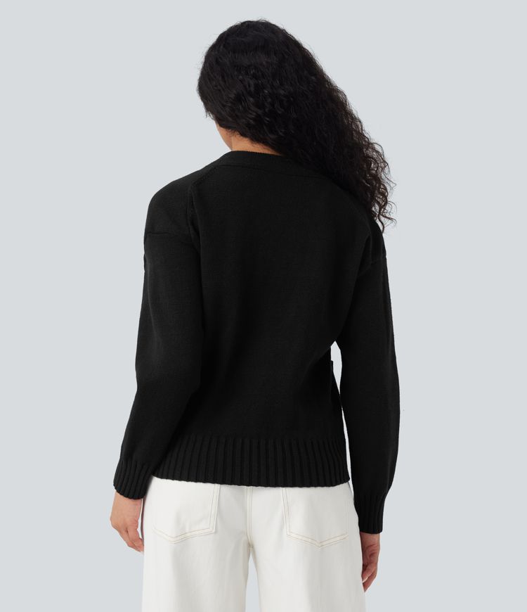 V-neck Long Sleeve Work Cardigan with Pockets