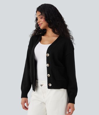 V-neck Long Sleeve Work Cardigan with Pockets