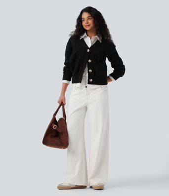 V-neck Long Sleeve Work Cardigan with Pockets