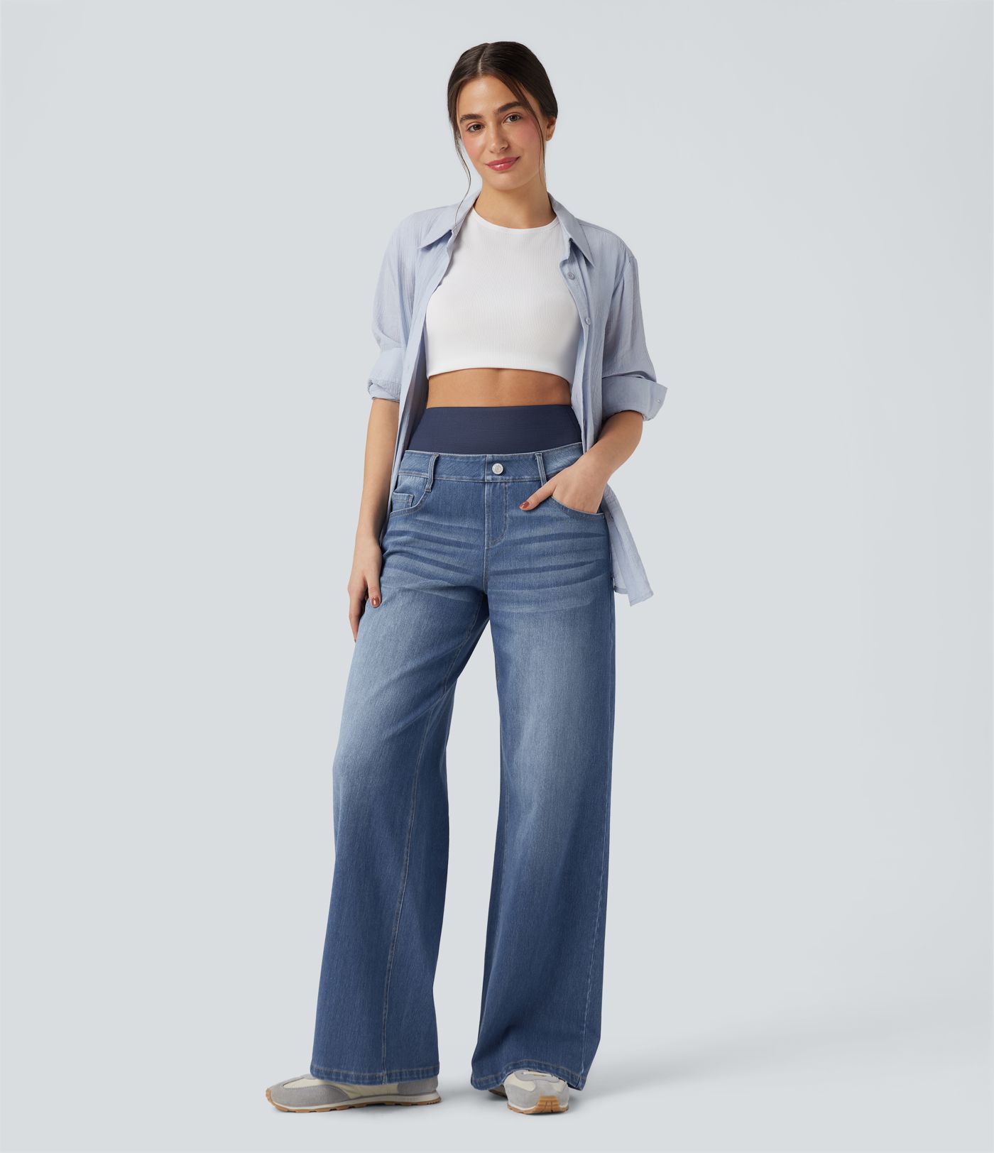 Halara Flex™ High Waisted Tummy Control Wide Leg Washed Casual Jeans with Pockets
