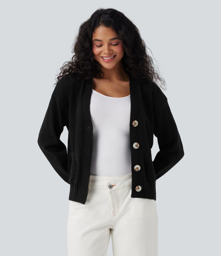 V-neck Long Sleeve Work Cardigan with Pockets