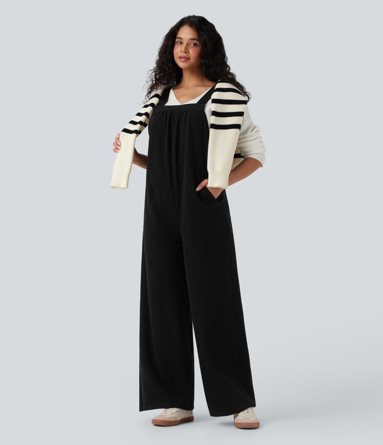 Ribbed Square Neck Casual Overalls with Pockets