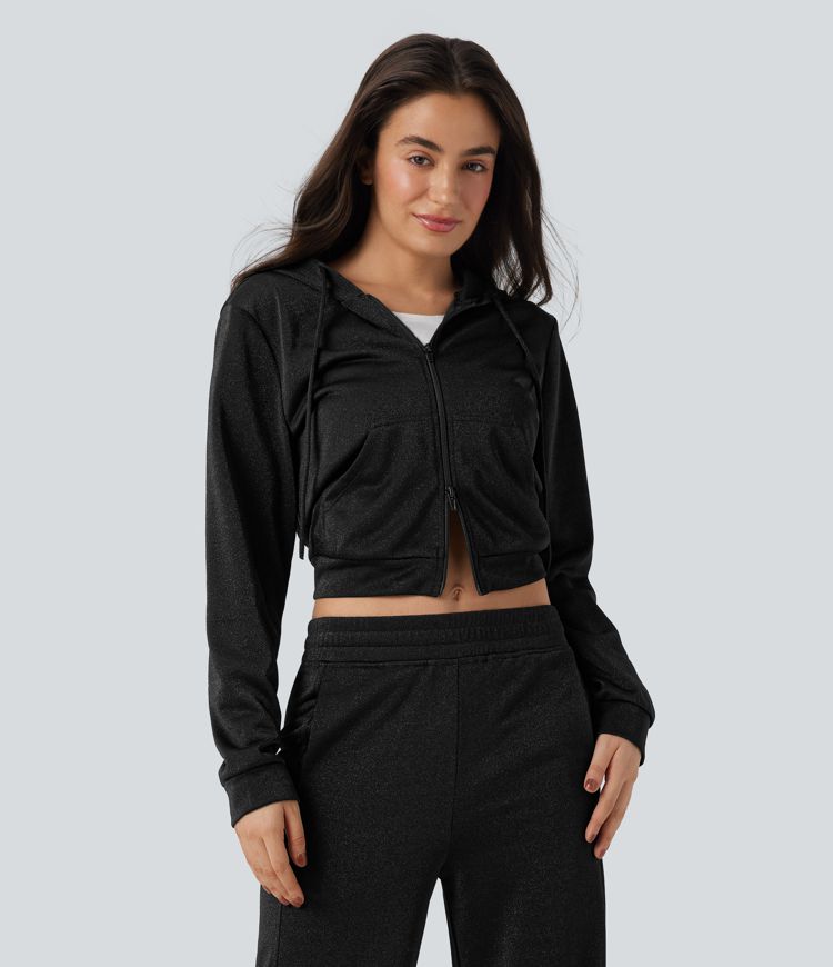 Hooded Long Sleeve Zip Fly Drawstring Relaxed Fit Metallic Casual Sweatshirt