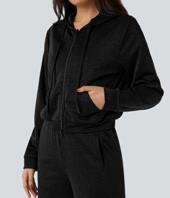 Hooded Long Sleeve Zip Fly Drawstring Relaxed Fit Sparkle Casual Sweatshirt