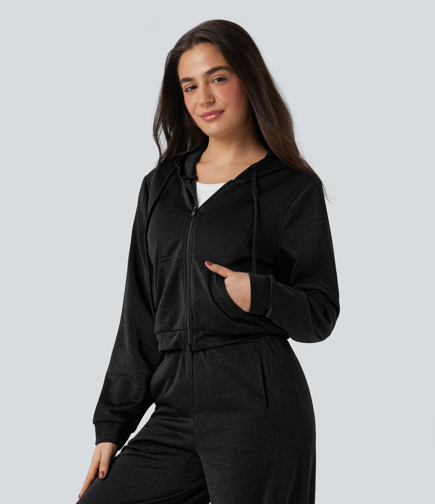 Hooded Long Sleeve Zip Fly Drawstring Relaxed Fit Sparkle Casual Sweatshirt