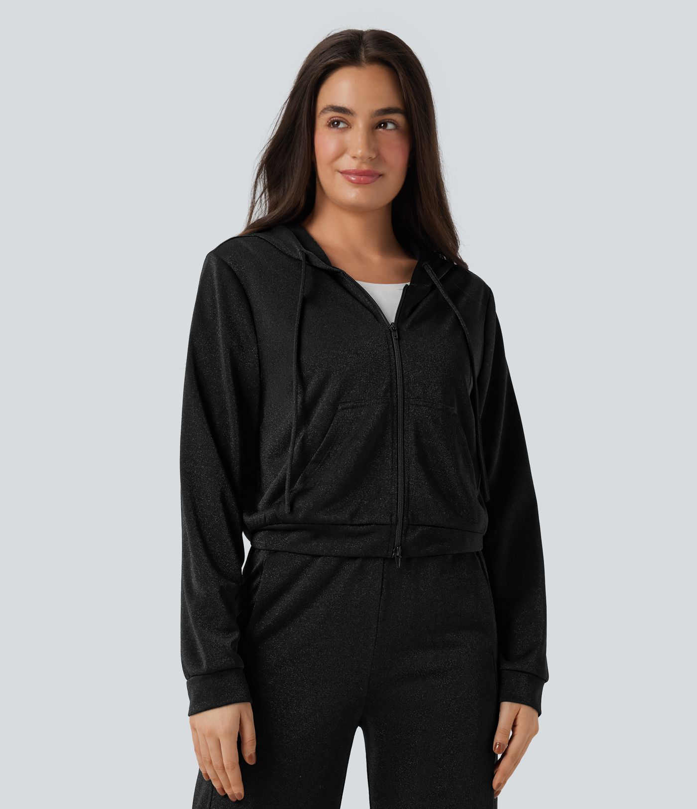 Hooded Long Sleeve Zip Fly Drawstring Relaxed Fit Sparkle Casual Sweatshirt