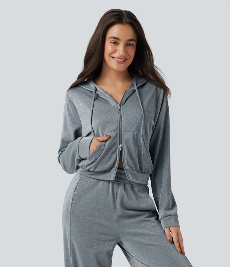 Hooded Long Sleeve Zip Fly Drawstring Relaxed Fit Sparkle Casual Sweatshirt
