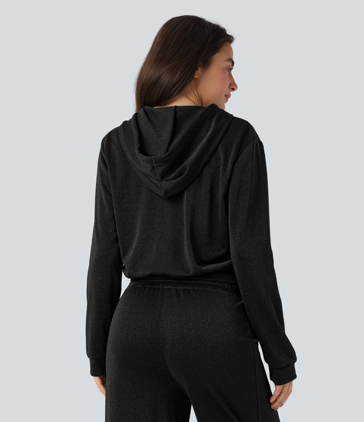 Hooded Long Sleeve Zip Fly Drawstring Relaxed Fit Sparkle Casual Sweatshirt