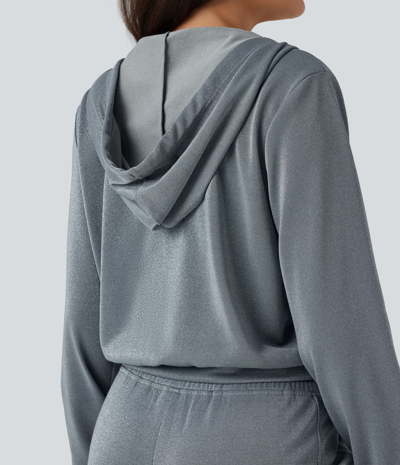 Hooded Long Sleeve Zip Fly Drawstring Relaxed Fit Sparkle Casual Sweatshirt