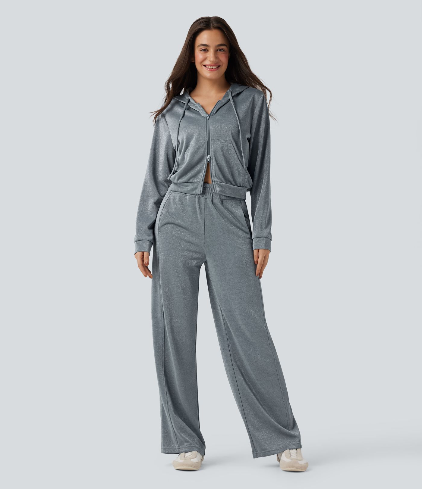 Hooded Long Sleeve Zip Fly Drawstring Relaxed Fit Sparkle Casual Sweatshirt