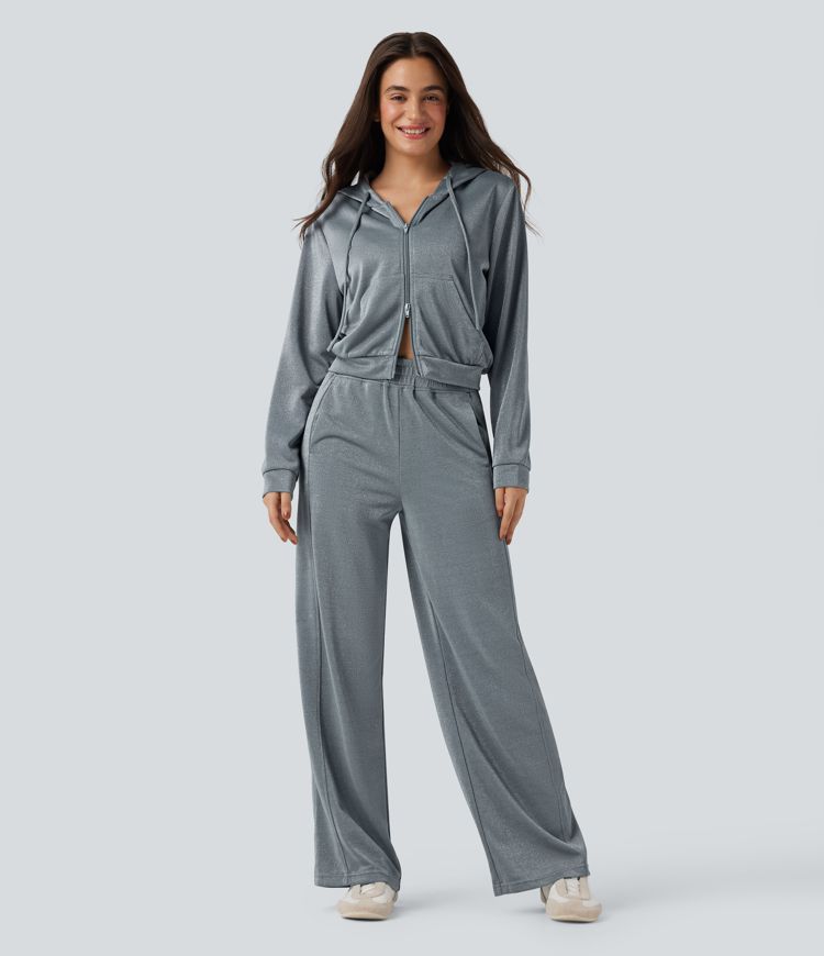 Hooded Long Sleeve Zip Fly Drawstring Relaxed Fit Sparkle Casual Sweatshirt