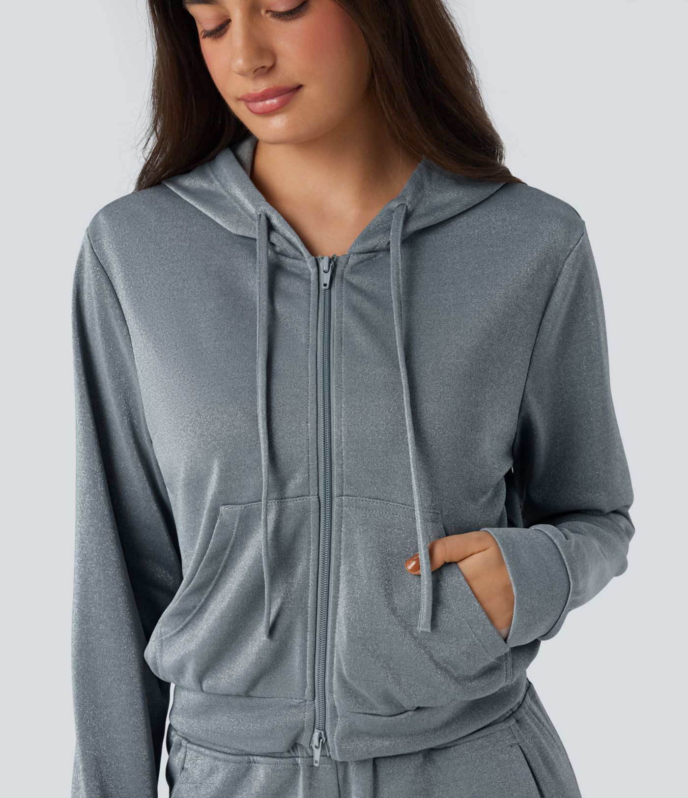 Hooded Long Sleeve Zip Fly Drawstring Relaxed Fit Sparkle Casual Sweatshirt