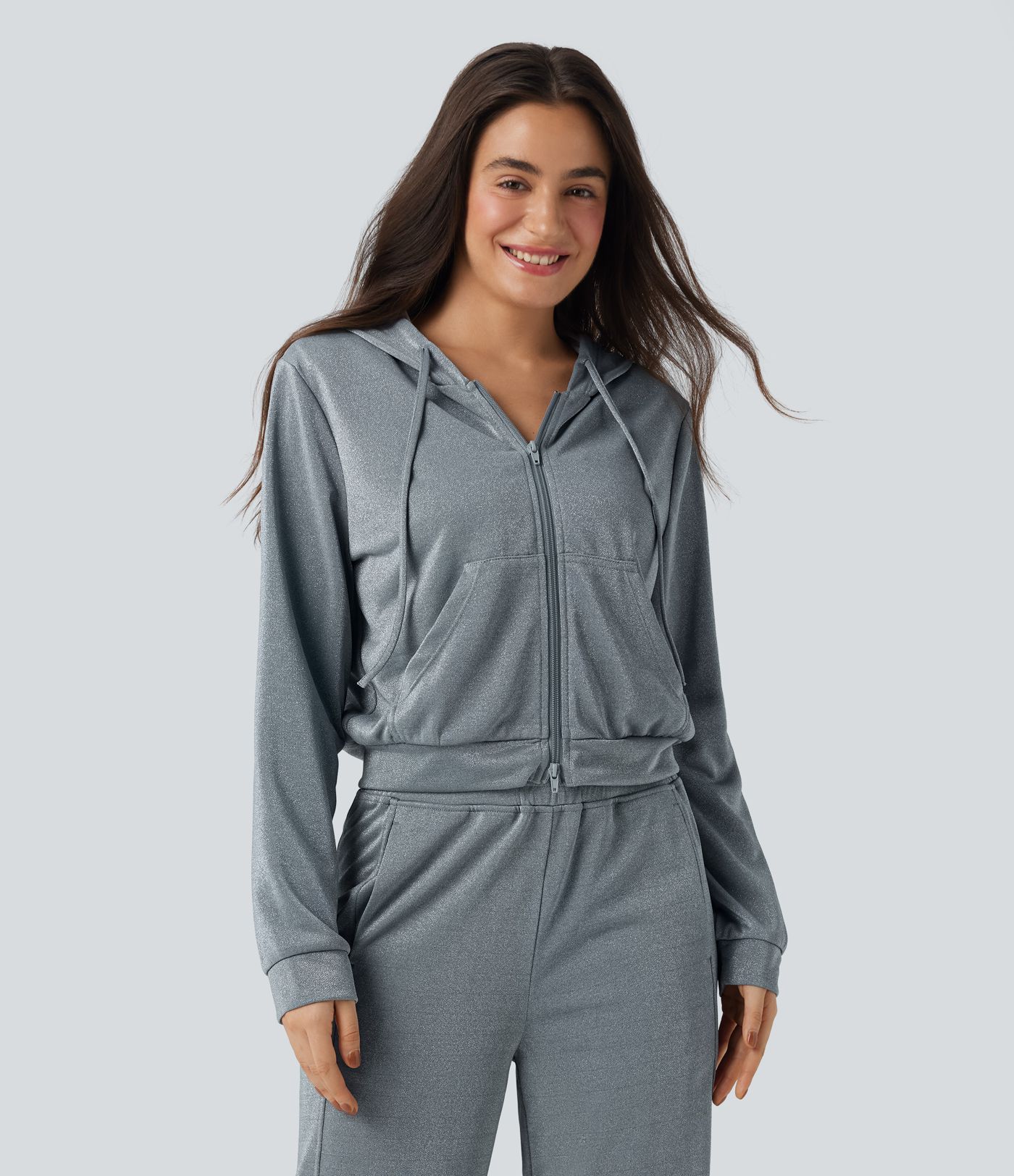 Hooded Long Sleeve Zip Fly Drawstring Relaxed Fit Sparkle Casual Sweatshirt