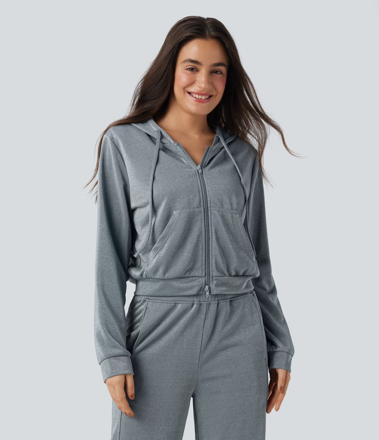 Hooded Long Sleeve Zip Fly Drawstring Relaxed Fit Sparkle Casual Sweatshirt