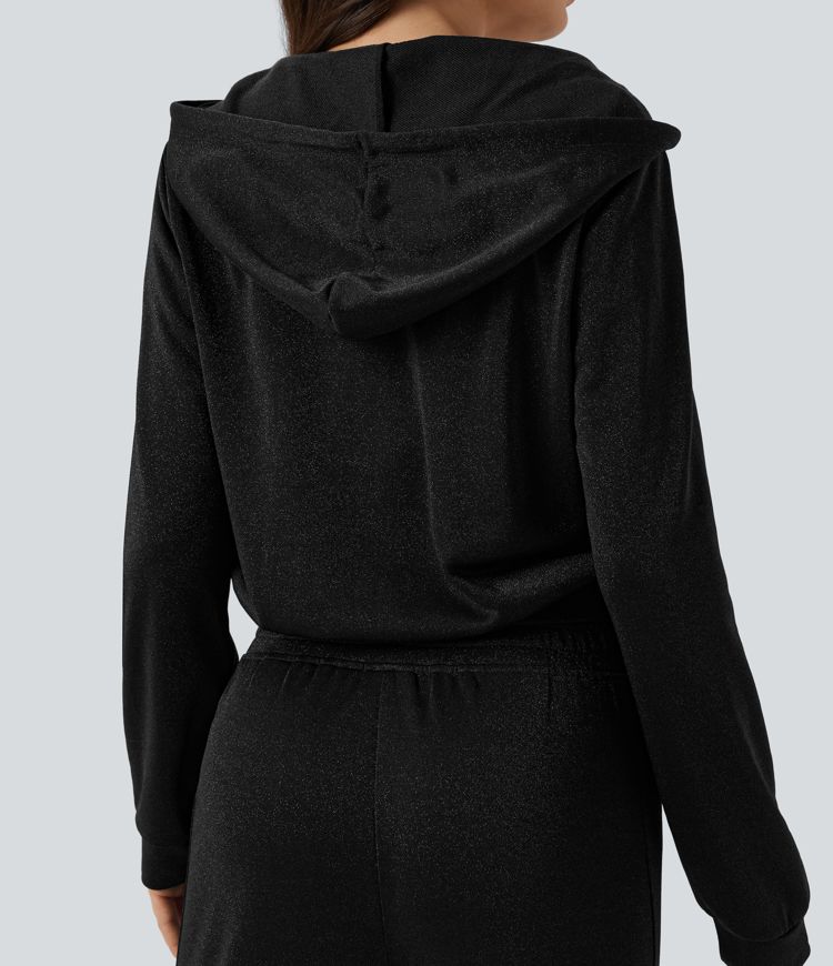 Hooded Long Sleeve Zip Fly Drawstring Relaxed Fit Sparkle Casual Sweatshirt