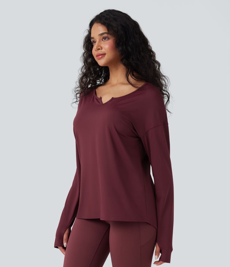 Notched Long Sleeve Thumb Hole Cut Out  High Low Yoga Sports Top