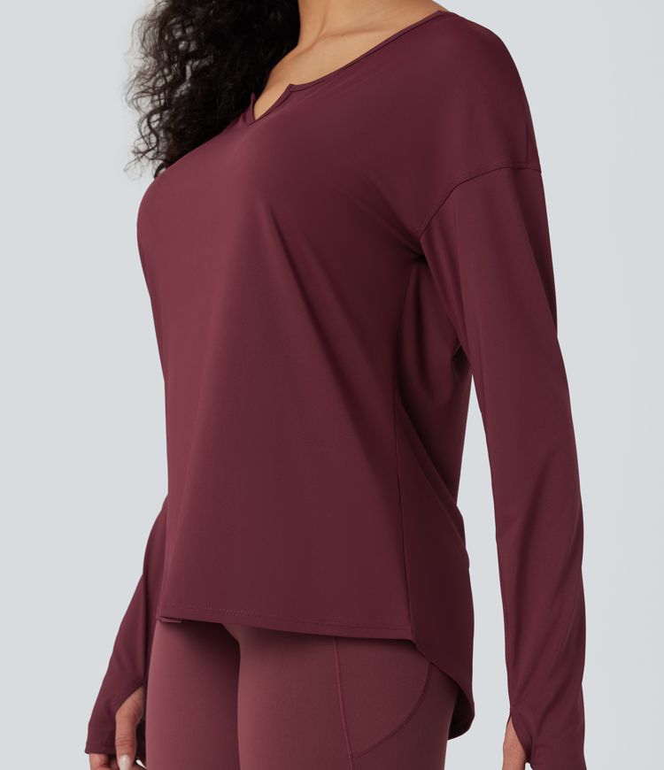 Notched Long Sleeve Thumb Hole Cut Out  High Low Yoga Sports Top