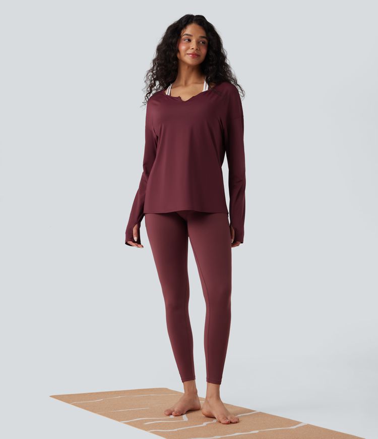Notched Long Sleeve Thumb Hole Cut Out  High Low Yoga Sports Top
