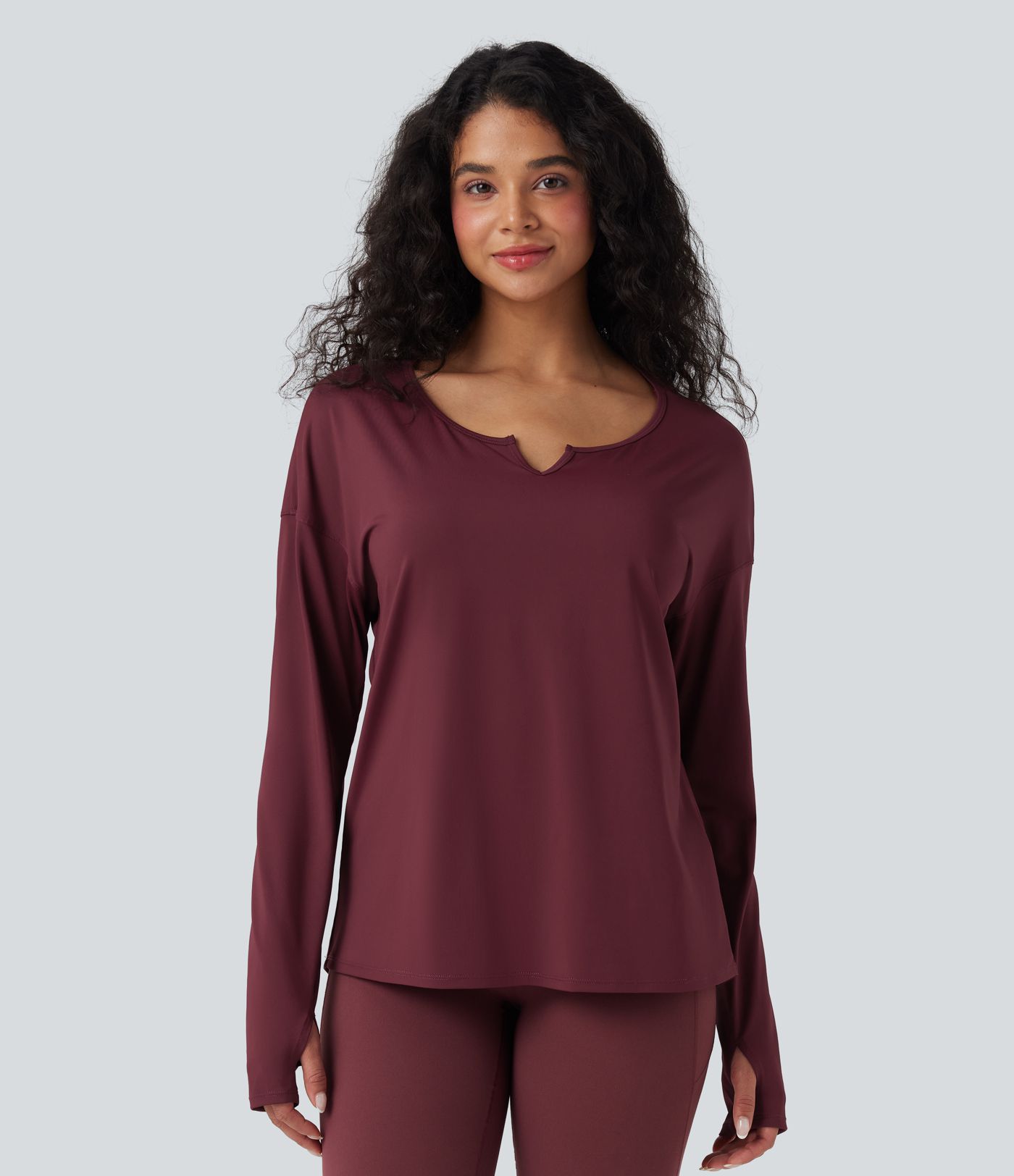 Notched Long Sleeve Thumb Hole Cut Out  High Low Yoga Sports Top