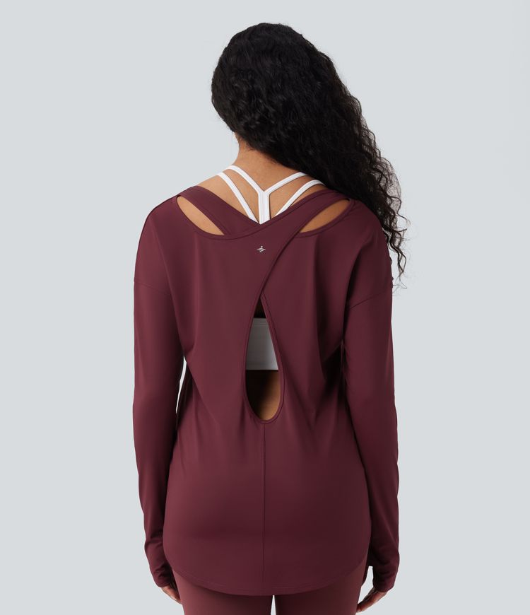 Notched Long Sleeve Thumb Hole Cut Out  High Low Yoga Sports Top