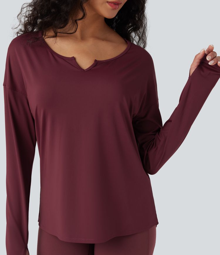 Notched Long Sleeve Thumb Hole Cut Out  High Low Yoga Sports Top