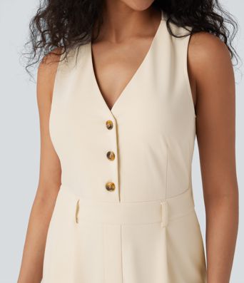 V-neck Sleeveless Casual Vest Jumpsuit with Pockets-Easy Peezy