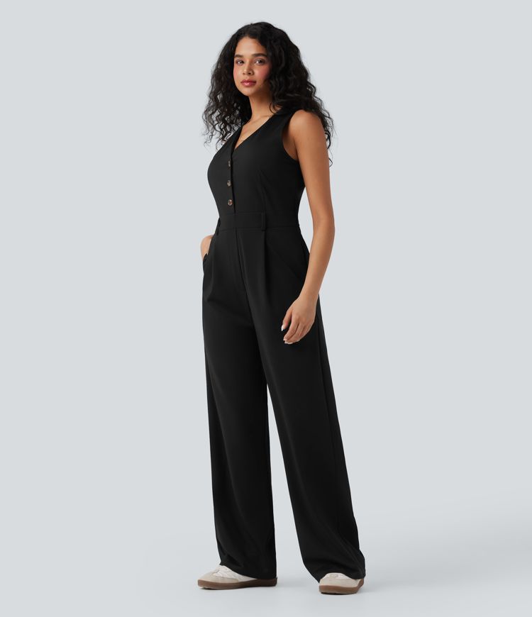 V-neck Sleeveless Casual Vest Jumpsuit with Pockets-Easy Peezy