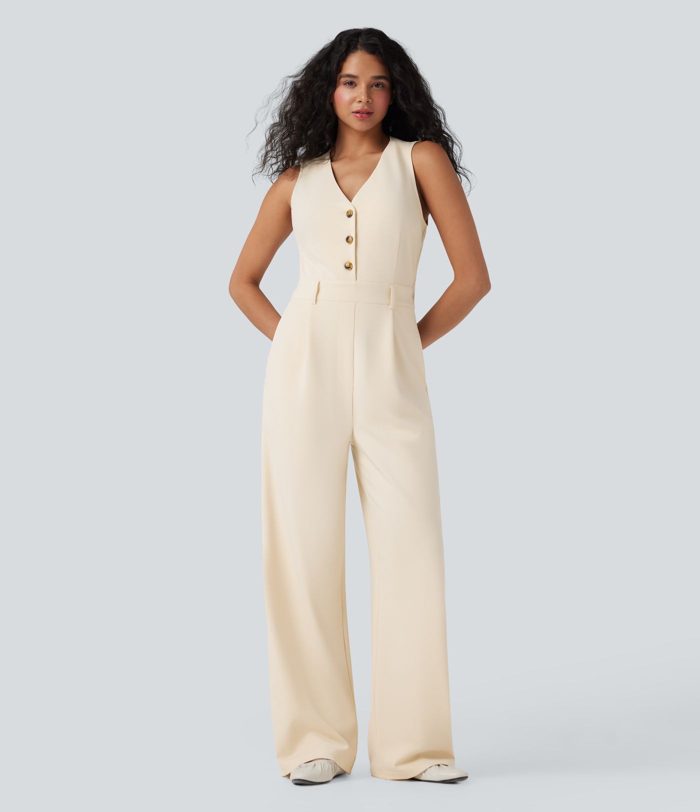 V-neck Sleeveless Casual Vest Jumpsuit with Pockets-Easy Peezy