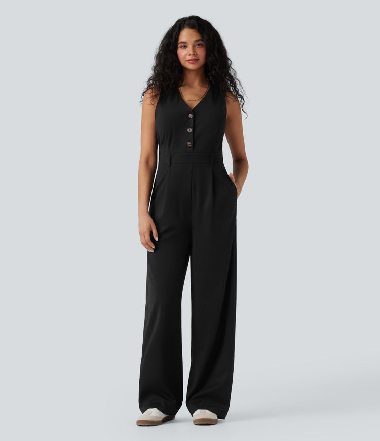 Black Jumpsuit casual sin mangas con cuello en V y bolsillos - Easy Peezy / 1
