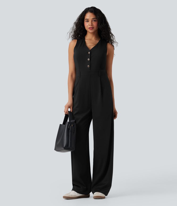 V-neck Sleeveless Casual Waistcoat Jumpsuit with Pockets-Easy Peezy
