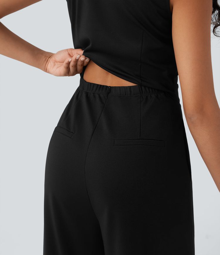 V-neck Sleeveless Casual Waistcoat Jumpsuit with Pockets-Easy Peezy