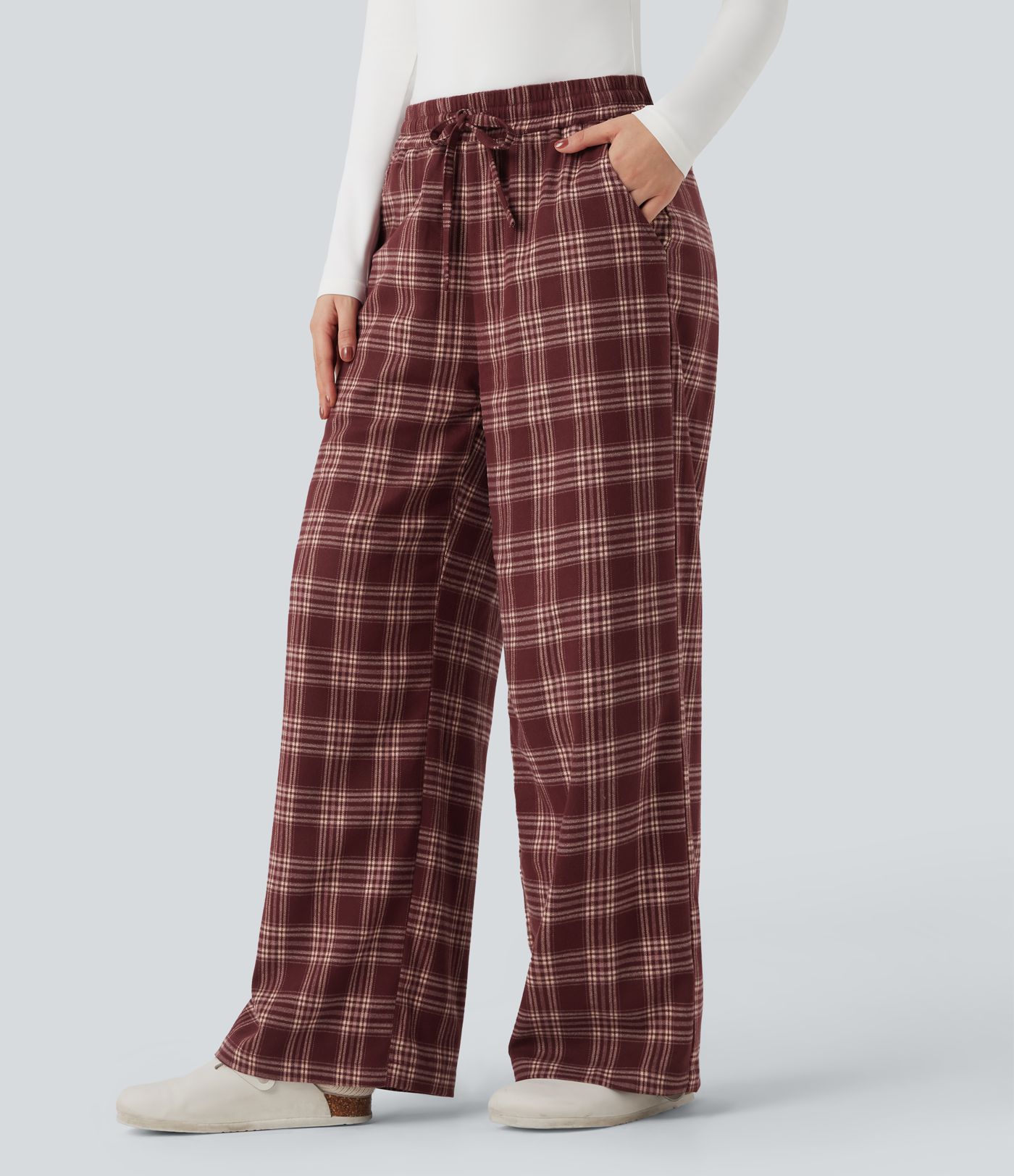 High-waisted Plaid Print Casual Baggy Pants with Pockets