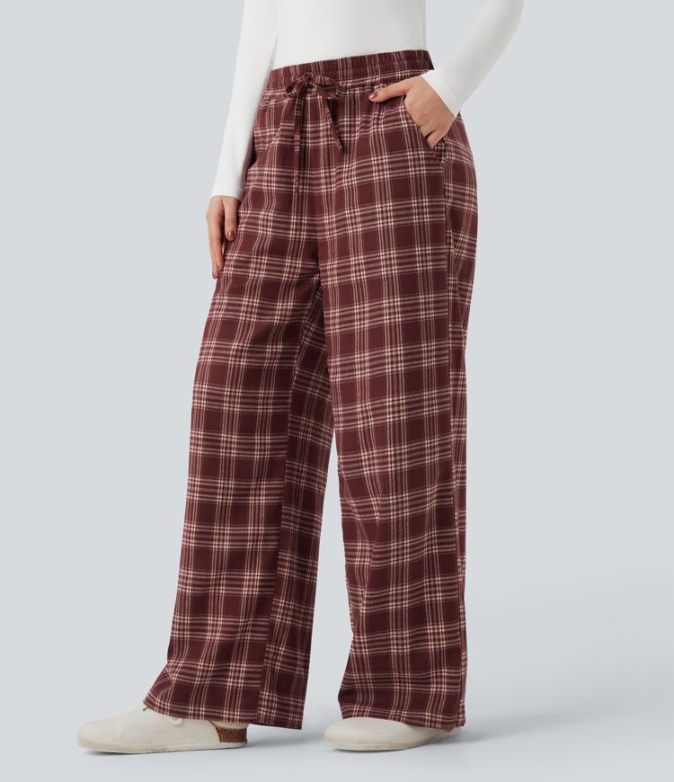 High-waisted Plaid Print Casual Baggy Pants with Pockets