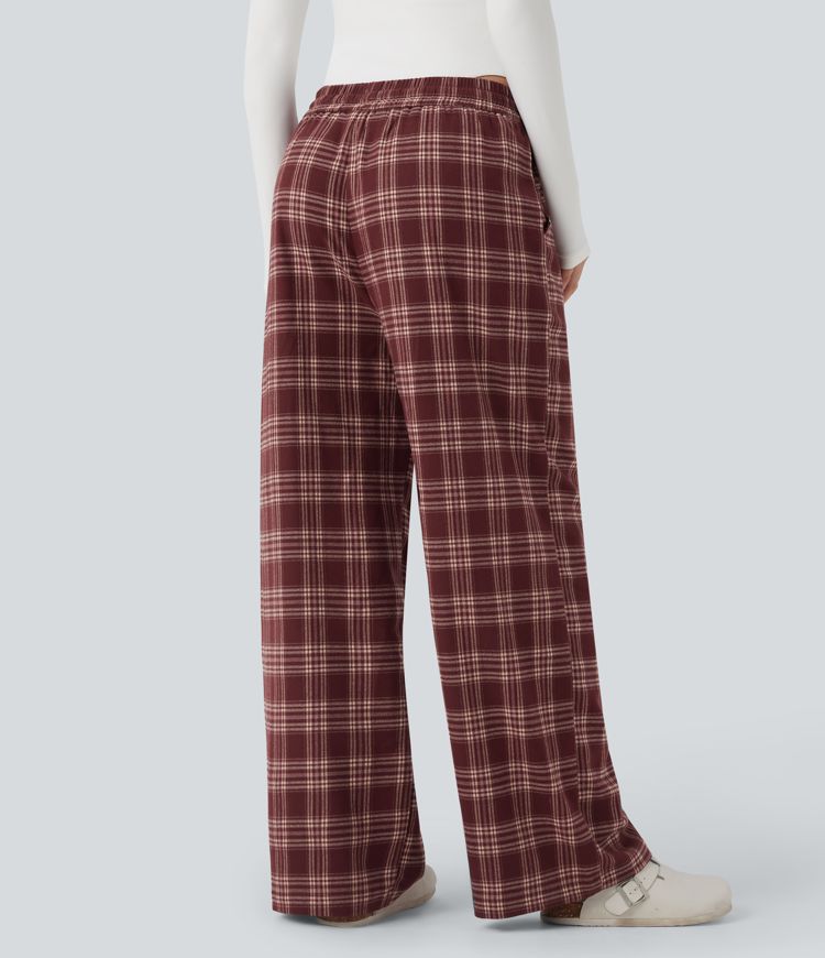 High-waisted Plaid Print Casual Baggy Pants with Pockets