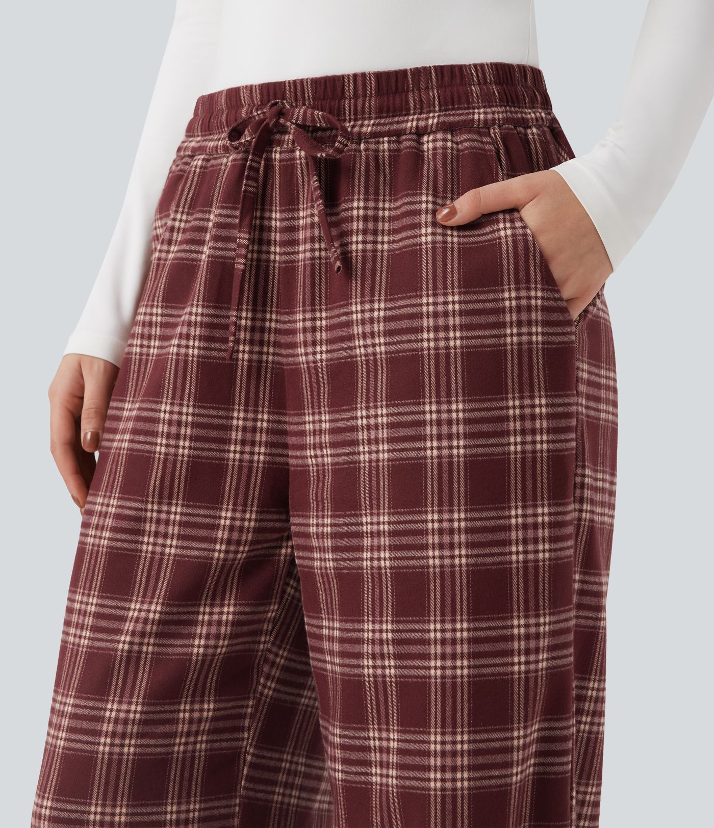 High-waisted Plaid Print Casual Baggy Pants with Pockets