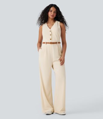 V-neck Sleeveless Casual Vest Jumpsuit with Pockets-Easy Peezy