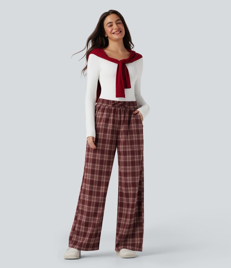 High-waisted Plaid Print Casual Baggy Pants with Pockets