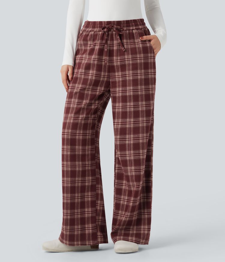 High-waisted Plaid Print Casual Baggy Pants with Pockets