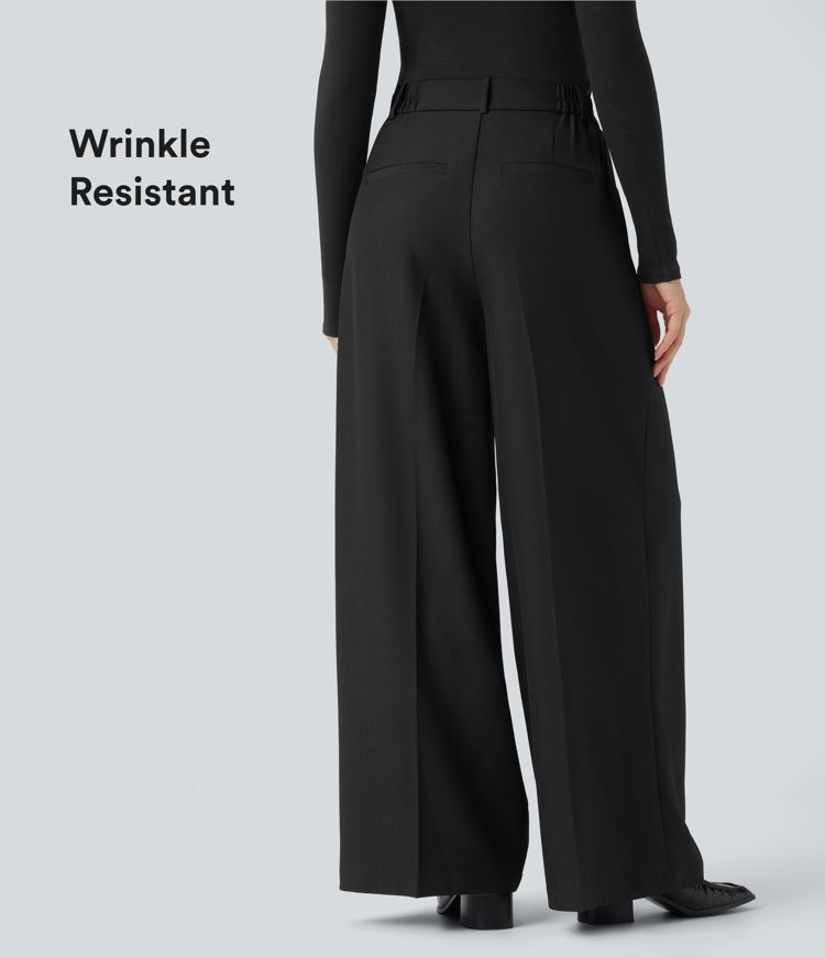 Anti-Wrinkle High Waisted Wide Leg Work Linen-Feel Pants with Pockets