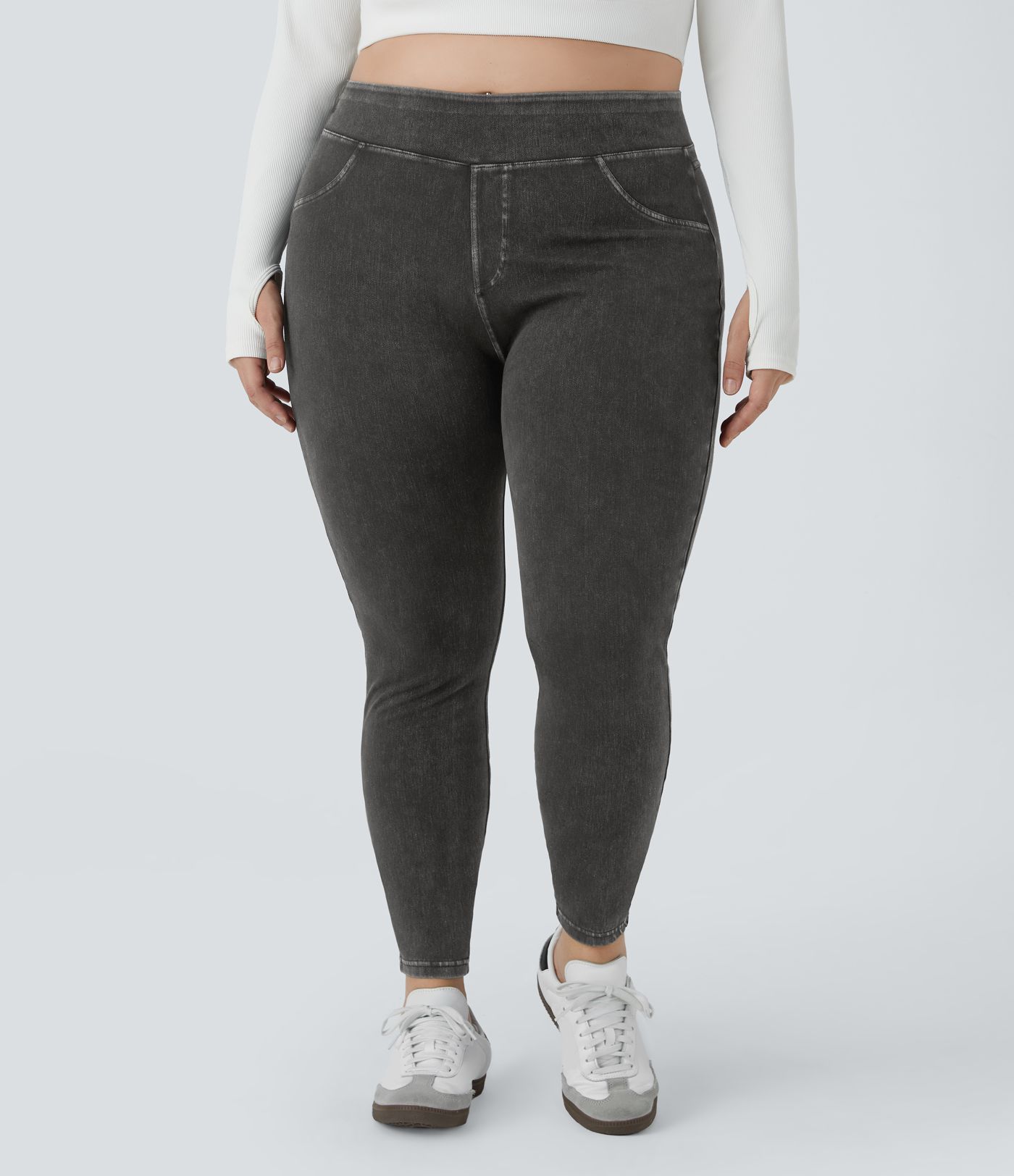 Halara Flex™ Plus Size Jeans Jeggings aus elastischem Strick-Denim mit hohem Bund und Gesäßtaschen