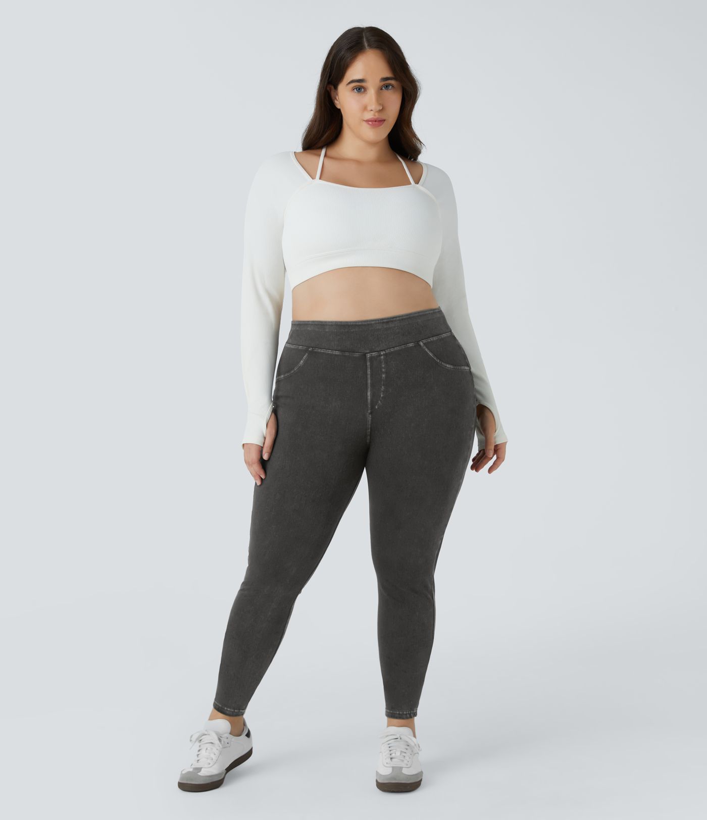Halara Flex™ Plus Size Jeans Jeggings aus elastischem Strick-Denim mit hohem Bund und Gesäßtaschen