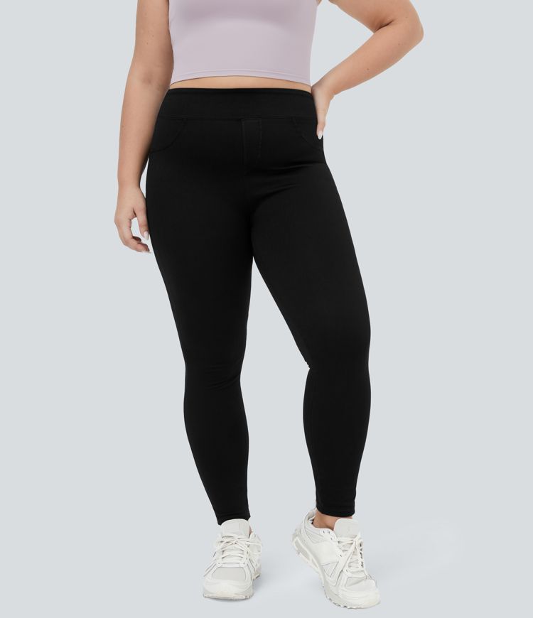 Halara Flex™ Plus Size Jeans Jeggings aus elastischem Strick-Denim mit hohem Bund und Gesäßtaschen