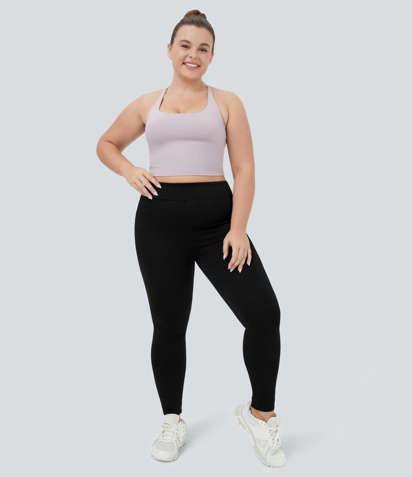Halara Flex™ Plus Size Jeans Jeggings aus elastischem Strick-Denim mit hohem Bund und Gesäßtaschen