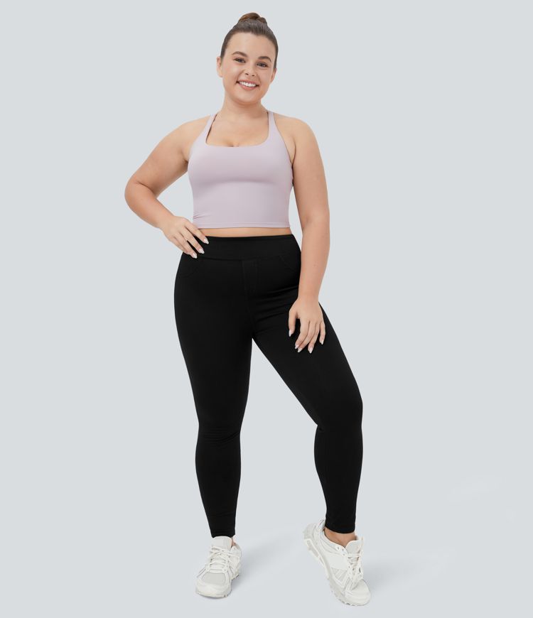 Halara Flex™ Plus Size Jeans Jeggings aus elastischem Strick-Denim mit hohem Bund und Gesäßtaschen