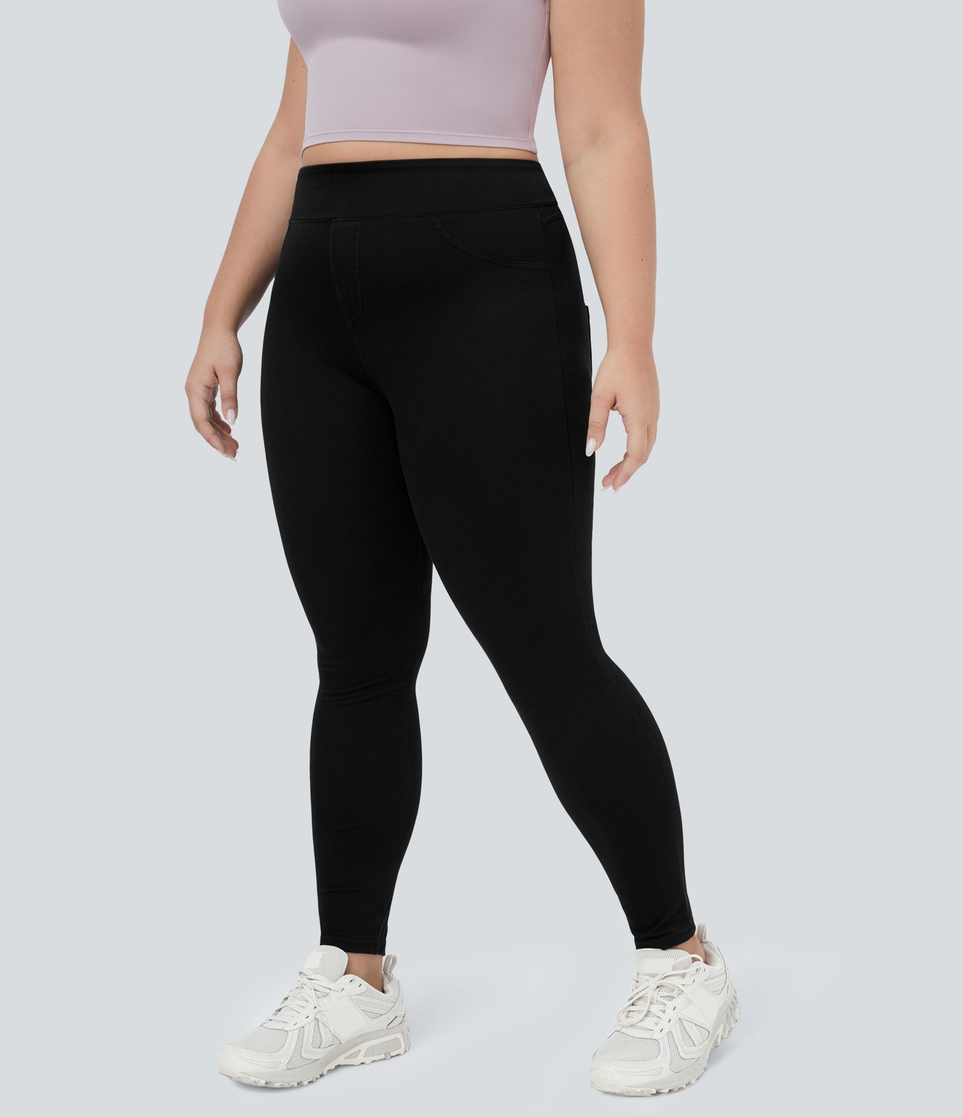 Halara Flex™ Plus Size Jeans Jeggings aus elastischem Strick-Denim mit hohem Bund und Gesäßtaschen